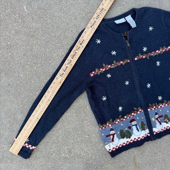 VTG 90s Croft & Barrow Blue Christmas Snowmen Farm Rustic Cabincore Cardigan LG - Picture 6 of 8
